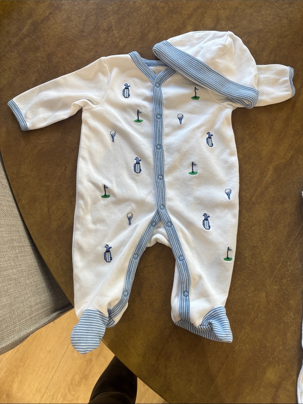 Little Me White One-Piece Footie with Blue Trim and Golf Embroidery
